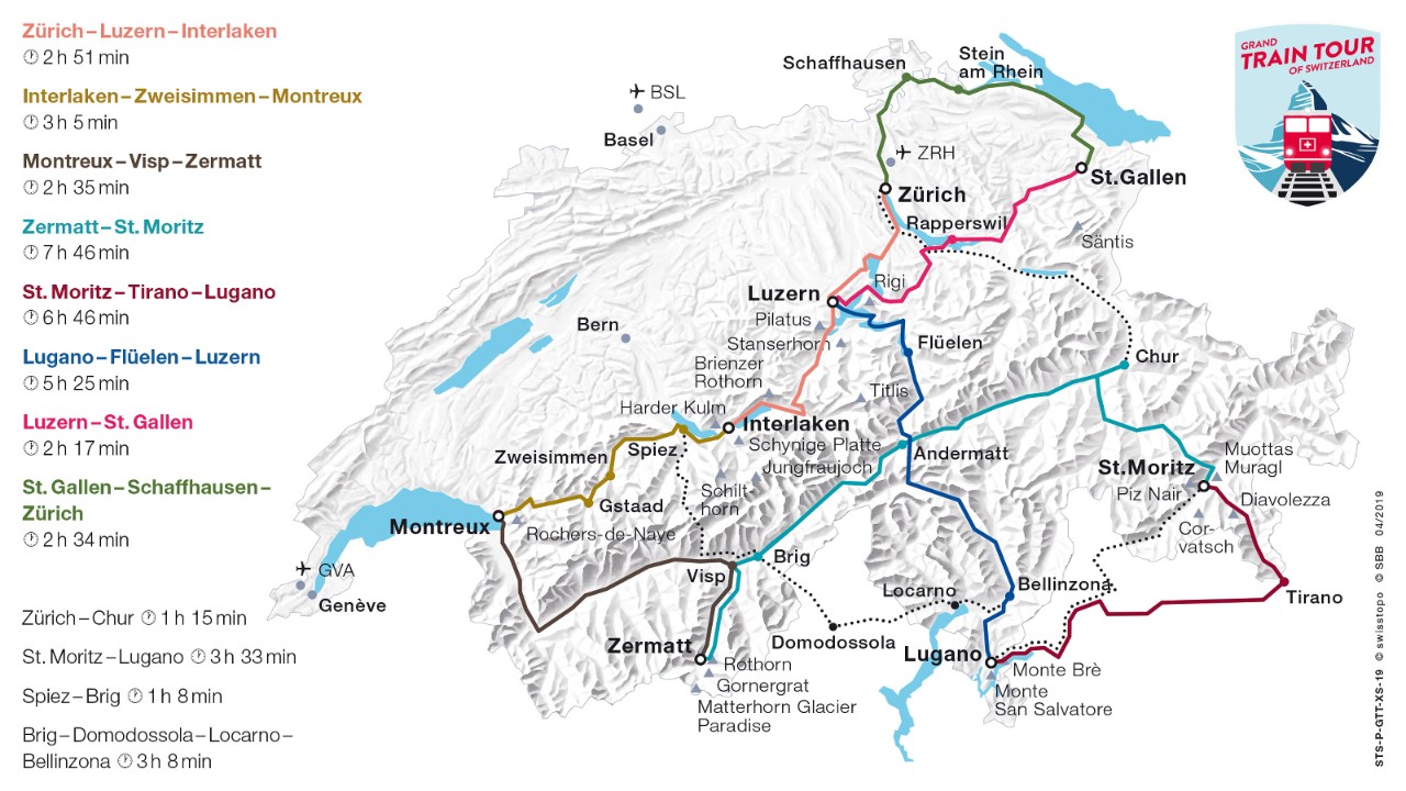 Karte der Schweiz mit Übersicht aller Teilstecken der Grand Train Tour of Switzerland.