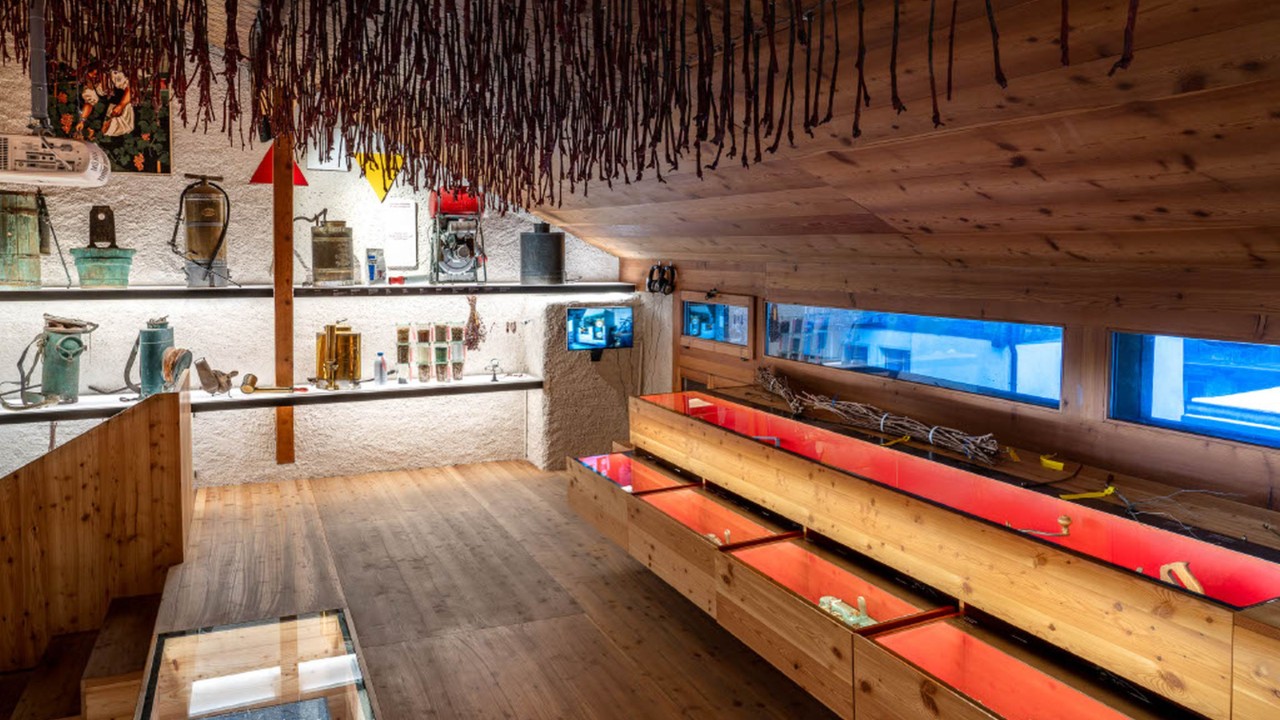 In una stanza del museo di Salgesch dal soffitto rivestito in legno di pino, la parete di fondo ospita un’esposizione di attrezzi e accessori tipici della vigna. Nelle vetrine a destra sono esposti numerosi oggetti.