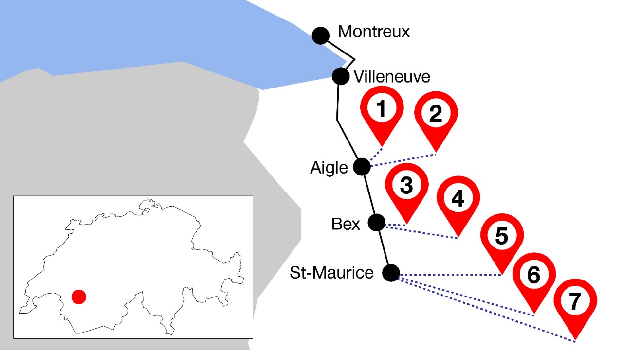 L’illustration présente une carte du tour proposé dans la région du Chablais, tour qui suit la ligne du train RE33, d’Aigle à Saint-Maurice. La carte indique les lieux à ne pas manquer dans la région.