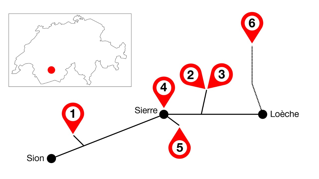 La cartina mostra l’itinerario del tour nel Vallese centrale lungo la linea del treno IR90 da Sion a Leuk, con le attrazioni imperdibili della regione.