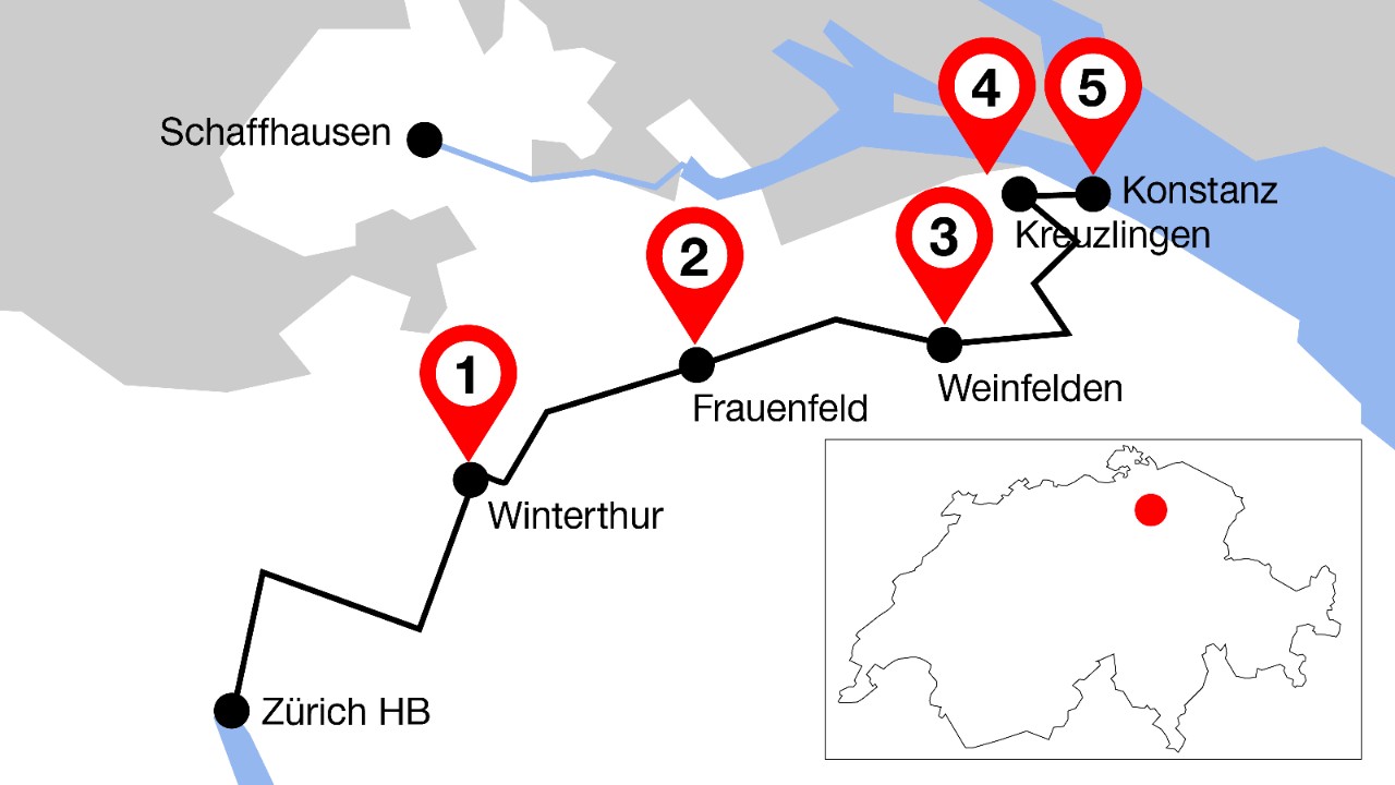 The image shows the route from Zurich to Constance with five highlights along the way.