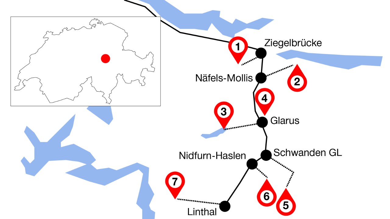 The image shows the route from Zürich HB to Linthal with seven marked highlights along the way. 