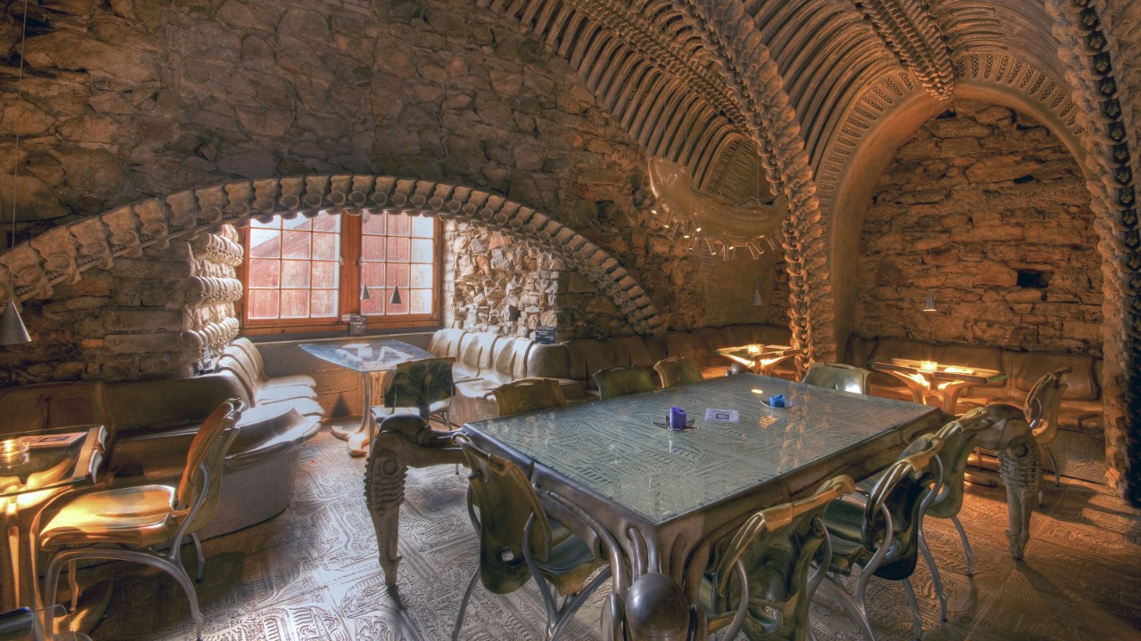 The inside of the Giger Bar with a vaulted ceiling.