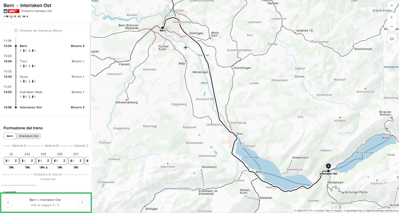 Facendo clic sulla freccia in basso a sinistra (Info di viaggio), puoi cambiare schermata e visualizzare la formazione del treno.