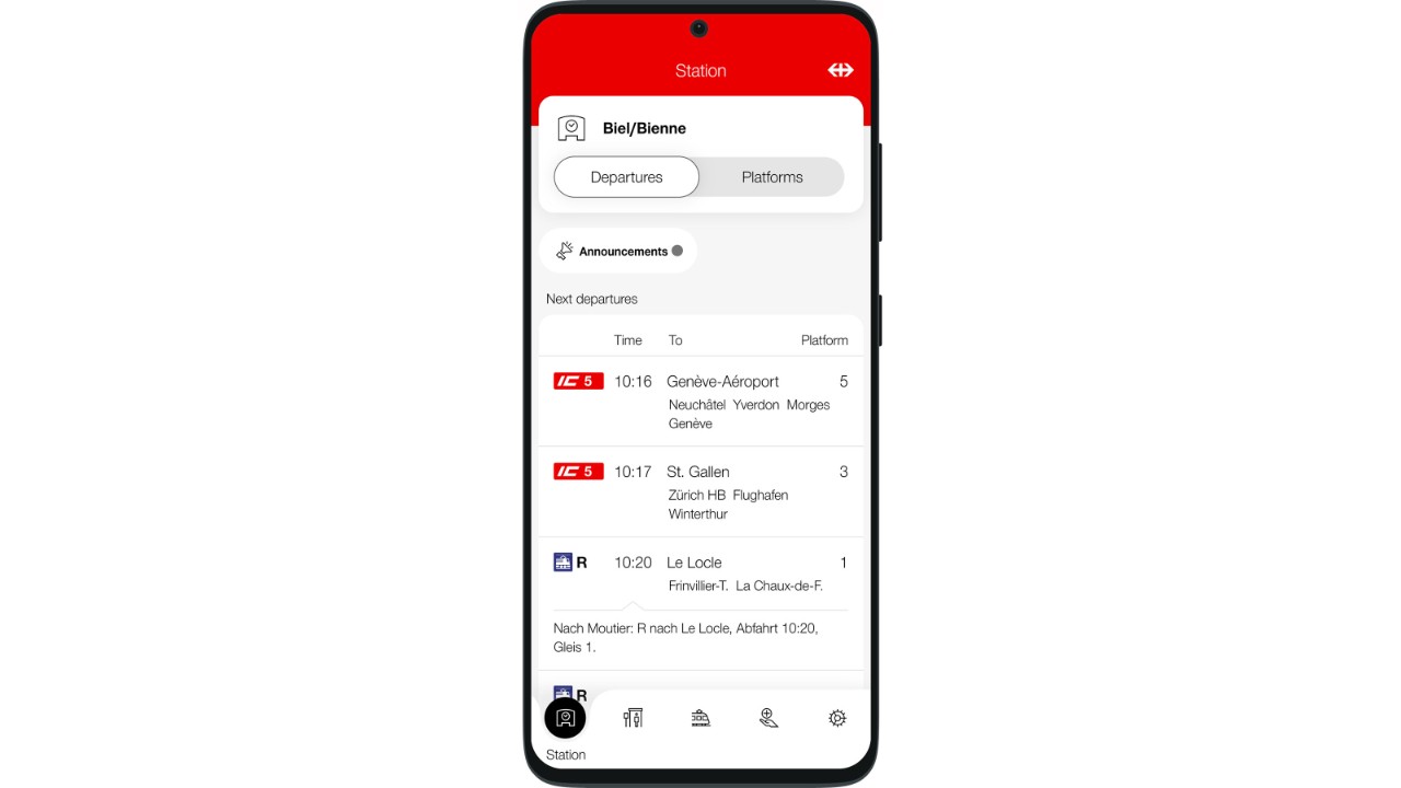 The next departures from the station where you currently are.