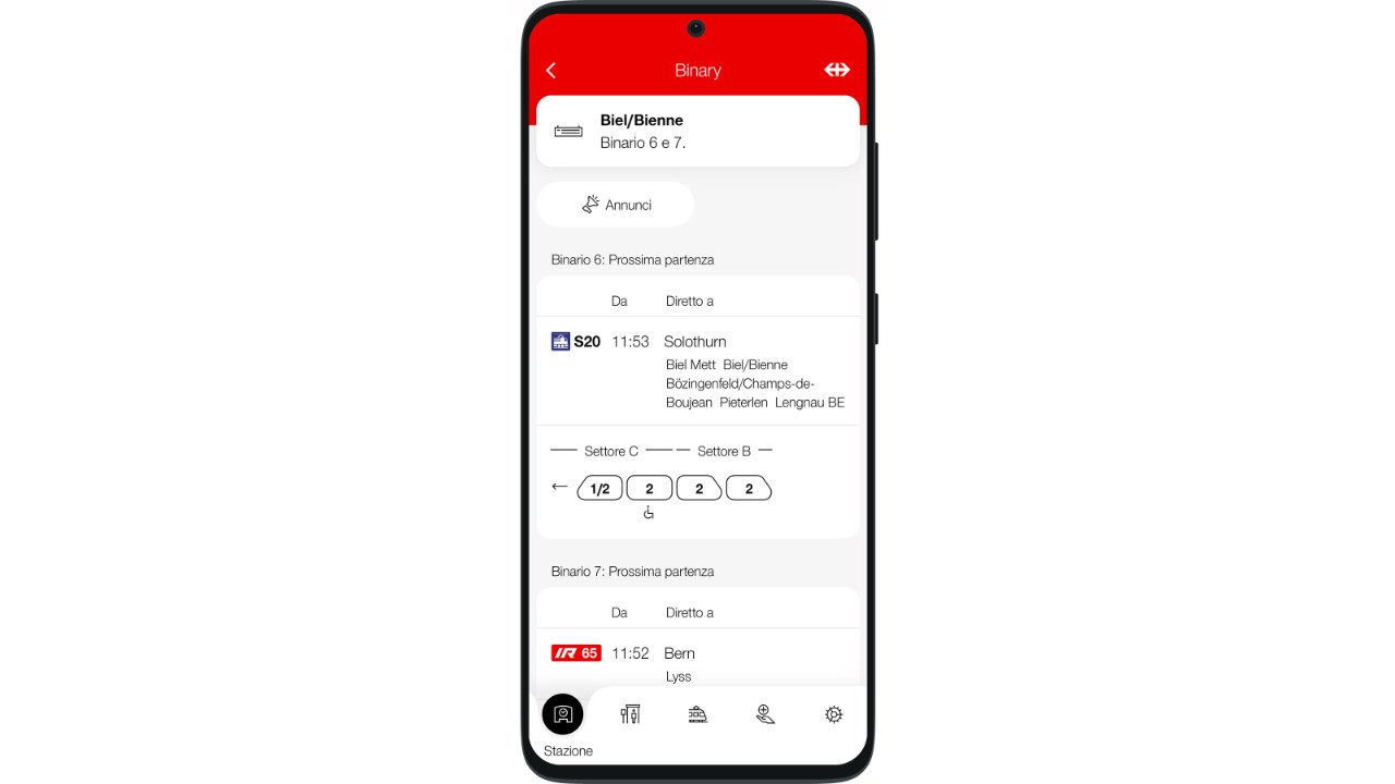 Prossime partenze dai binari selezionati nella stazione attuale con relativa formazione del treno.