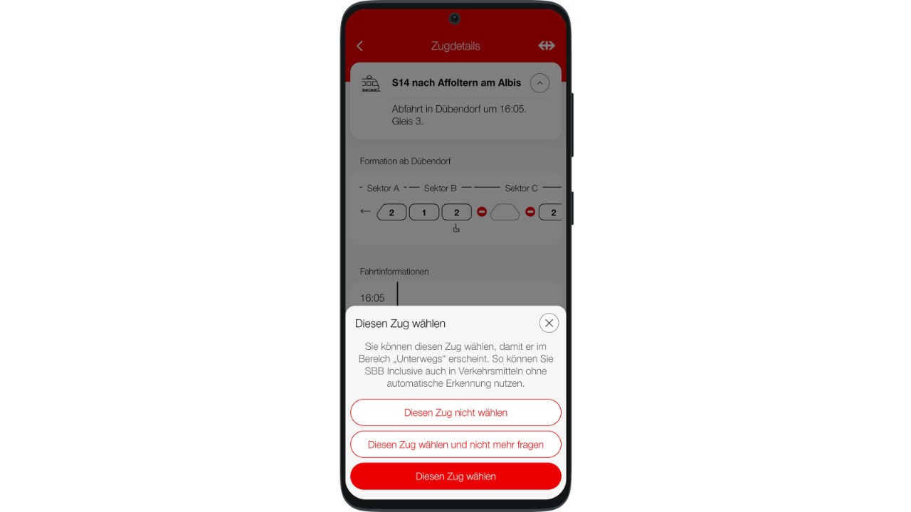 Mit der Funktion «Zug speichern» erhalten sie die Fahrplaninformationen für Züge ohne automatische Erkennung.  Dabei handelt es sich um den erwarteten Fahrplan ohne Echtzeitanpassungen.