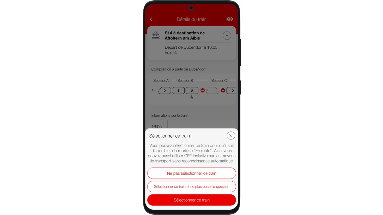 La fonction «Enregistrer le train» permet d'obtenir les informations sur l'horaire des trains sans détection automatique.  Il s'agit de l'horaire attendu sans adaptation en temps réel.