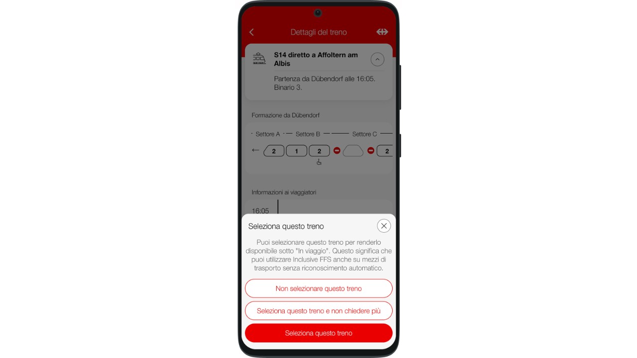 Con la funzione «Salva treno», si ricevono le informazioni sull'orario dei treni senza rilevamento automatico.  Questo è l'orario previsto senza aggiustamenti in tempo reale.