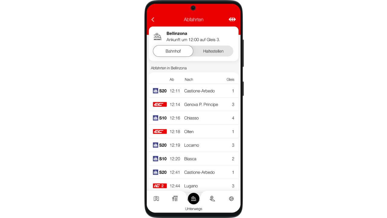 Detaillierte Angaben zum nächsten Halt: Ankunftszeit, Gleis, Ausstiegsseite und nächste Abfahrten.