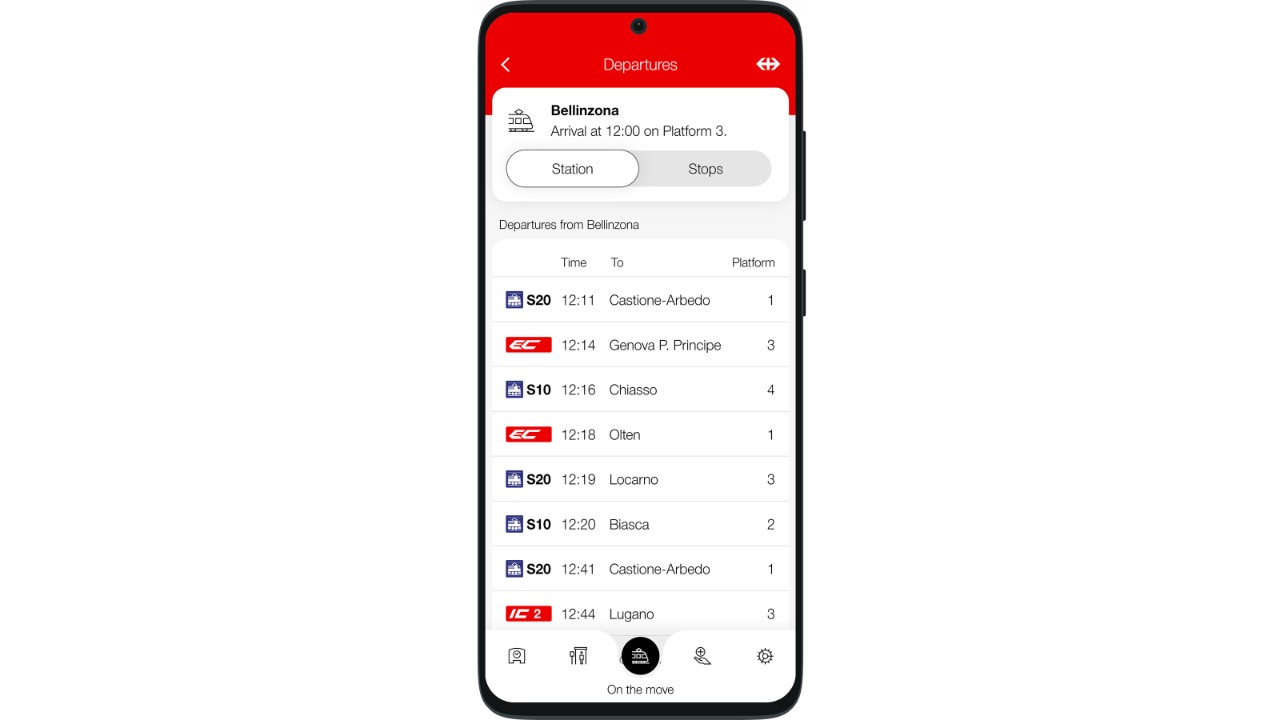 Detailed information about the next stop: arrival time, platform, exit side and next departures.
