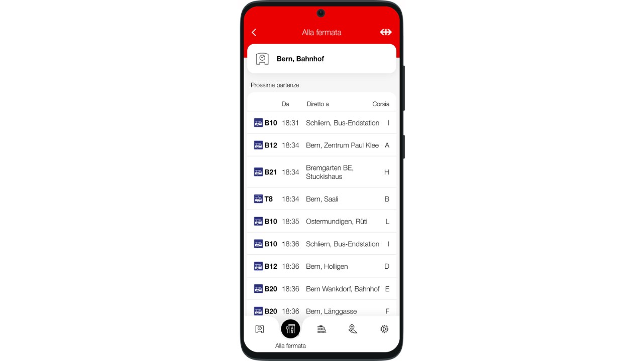 Vengono visualizzate le fermate degli autobus e dei tram nel raggio di 200 metri dalla posizione attuale. Il raggio può essere esteso a 1 chilometro nelle impostazioni dell’app.