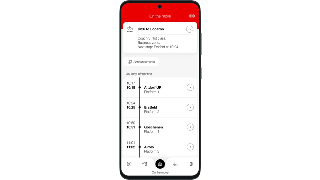 During the journey, you will be shown upcoming stops, connections and the side on which you have to exit the train. If you change coaches, the train information will be updated. If a disruption occurs, the app will display the announcements about the disruption to you.