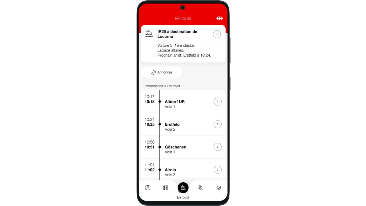 Durant le voyage, les prochains arrêts, les correspondances et le côté de la descente sont indiqués. Lorsque vous changez de voiture, les informations relatives au train sont actualisées. Si un dérangement survient, les annonces correspondantes vous sont présentées.