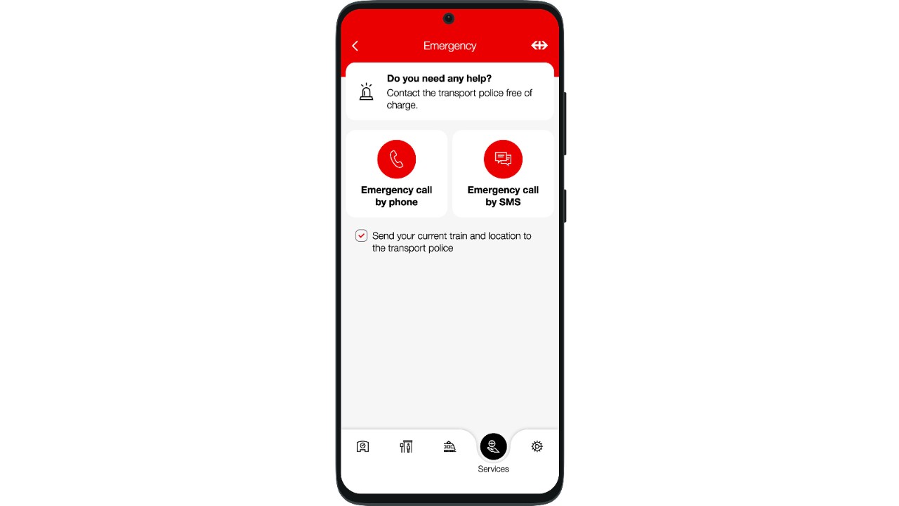 You can use the ‘Emergency’ function to call for help from the transport police.