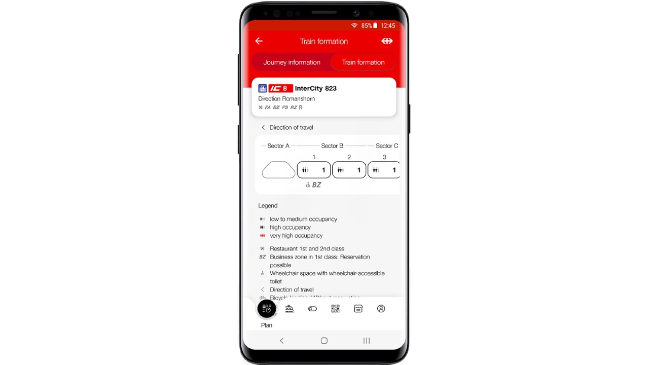 The train formation will be displayed after you swipe. You will see the direction of travel, sectors on the platform, accessible coaches and occupancy forecasts.