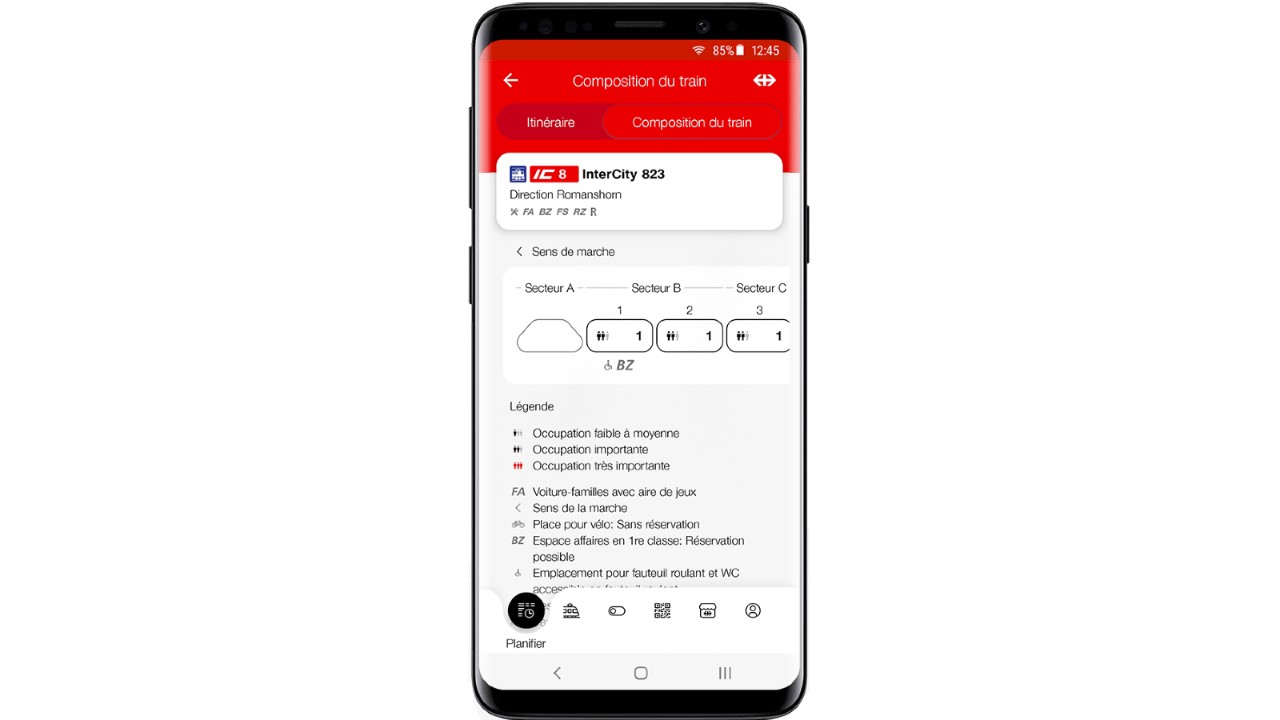 La composition du train s’affiche. Les informations suivantes apparaissent: sens de la marche, secteurs sur le quai, accessibilité des voitures et prévisions d’occupation.
