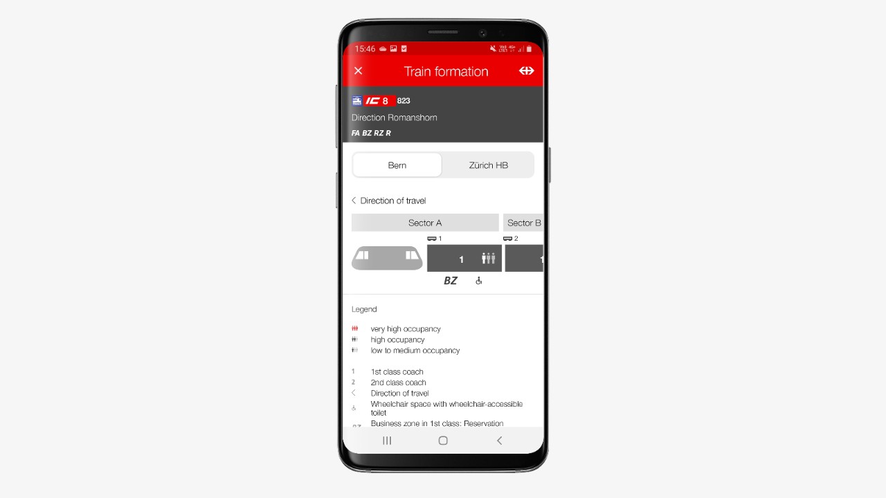 The train formation will be displayed after you swipe. You will see the direction of travel, sectors on the platform, accessible coaches and occupancy forecasts.