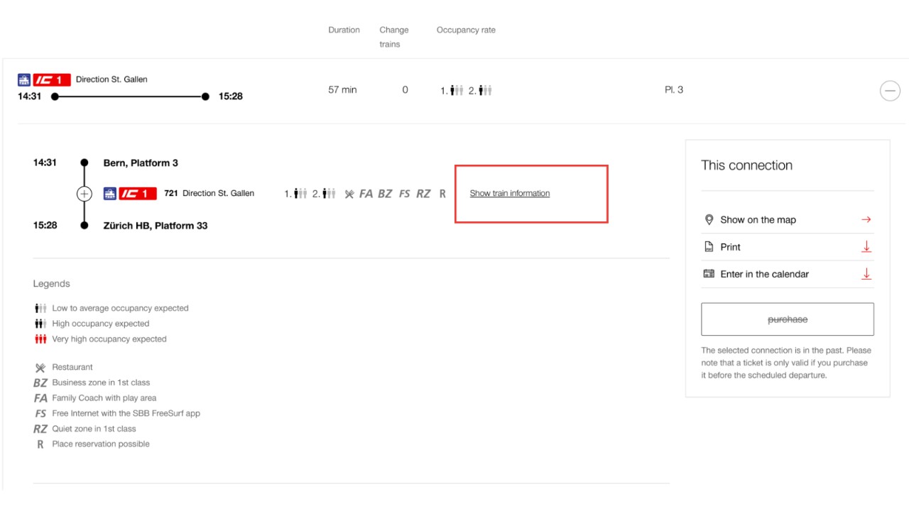 Choose your preferred connection in the SBB.ch timetable. Click on the link labelled “Show train formation” in the connection details.