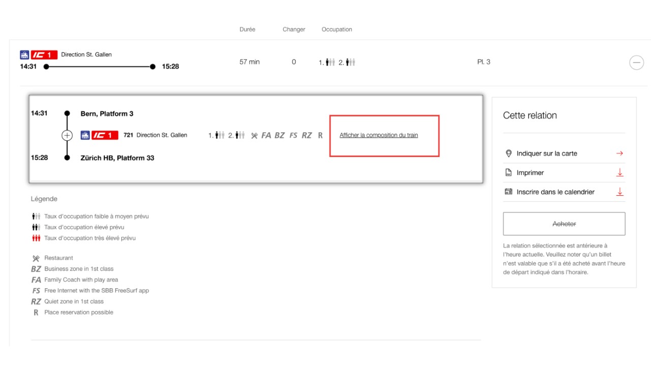 Sélectionnez la relation souhaitée dans l’horaire disponible sur CFF.ch, puis cliquez sur Afficher la composition du train.