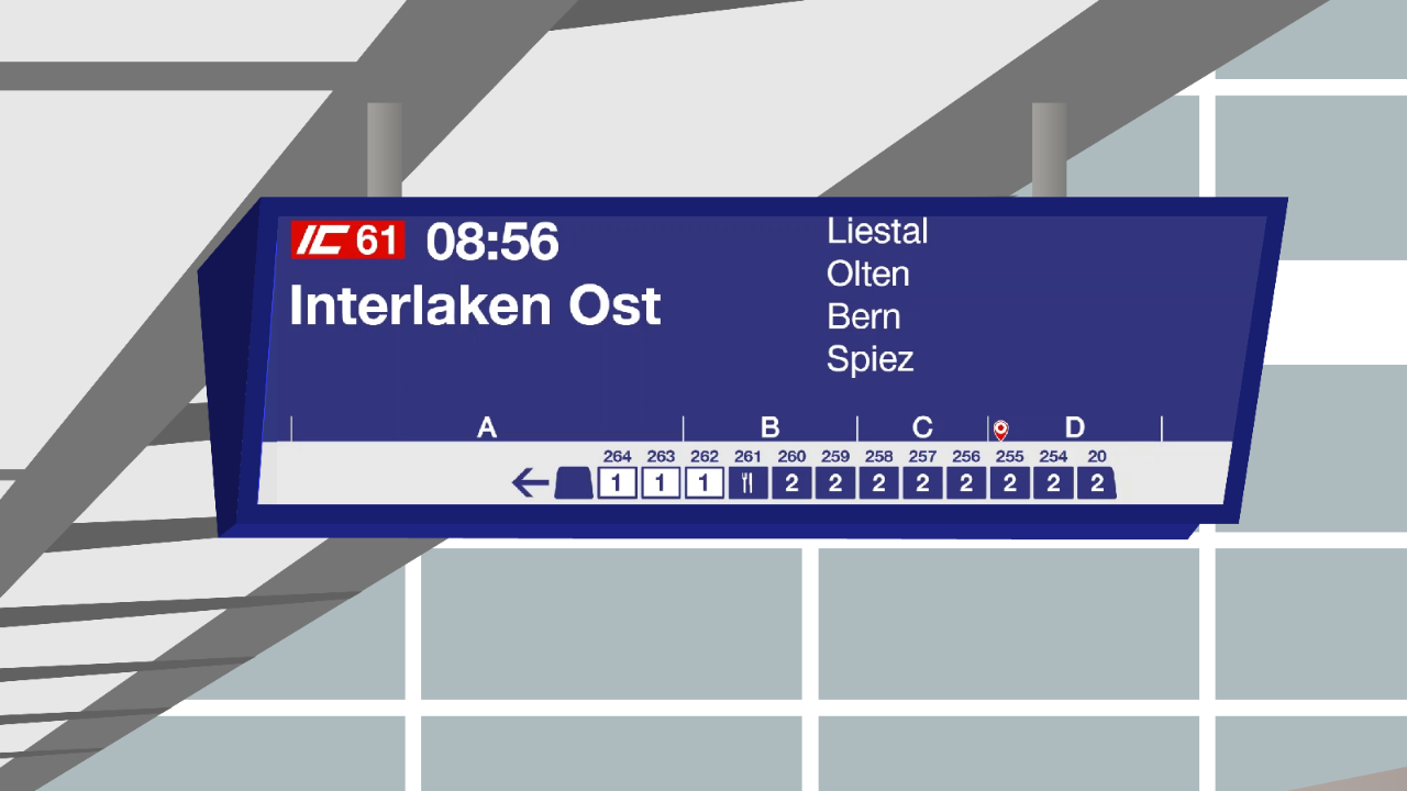Beispiel eines Perronanzeigers mit Informationen zum nächsten Zug.