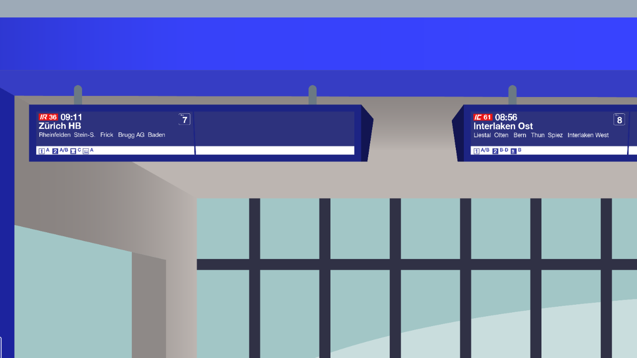 Beispiel eines Zugangsanzeigers mit Informationen zum nächsten Zug, der am jeweiligen Perron abfährt.