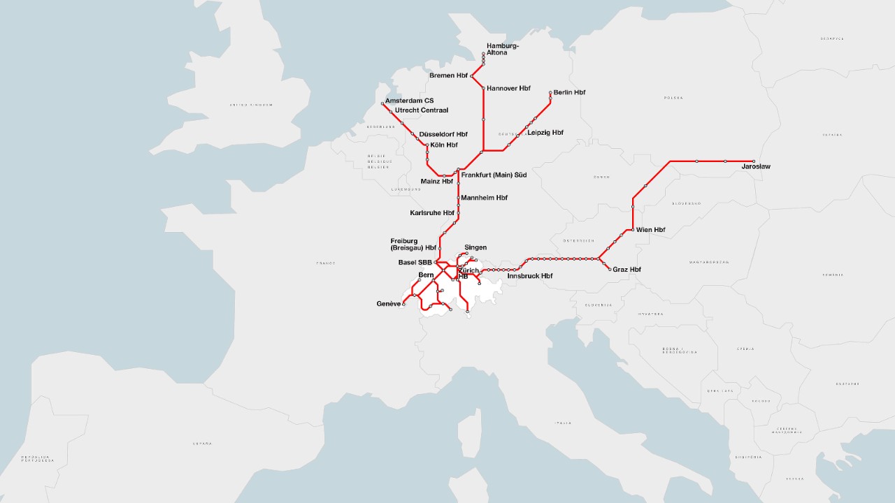 Als Eurocity verkehren die Züge in Richtung Amsterdam, Hamburg, Berlin und Wien.